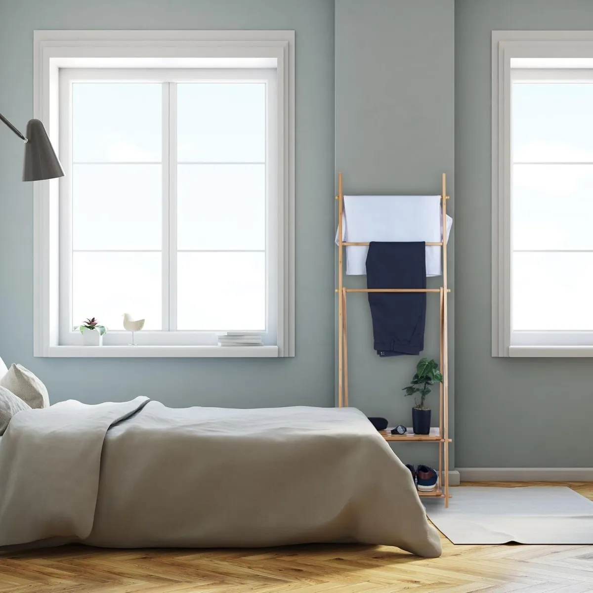 Towel Stand Bamboo 3 Bars 2 Storage Shelves HWD: - Image 2