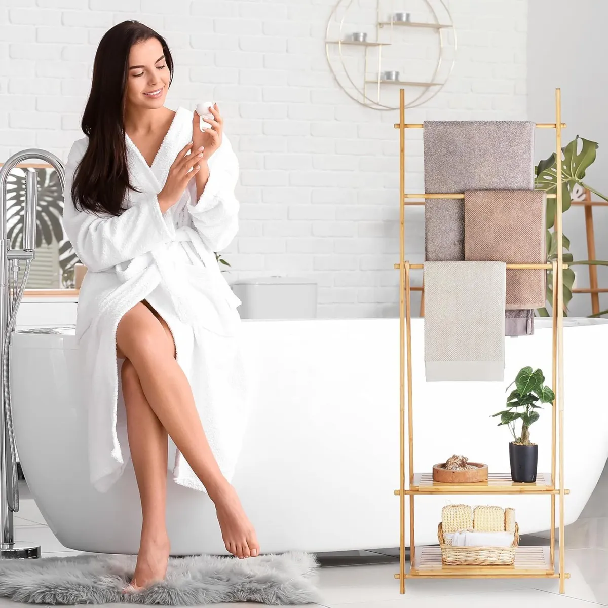 Towel Stand Bamboo 3 Bars 2 Storage Shelves HWD: - Image 4