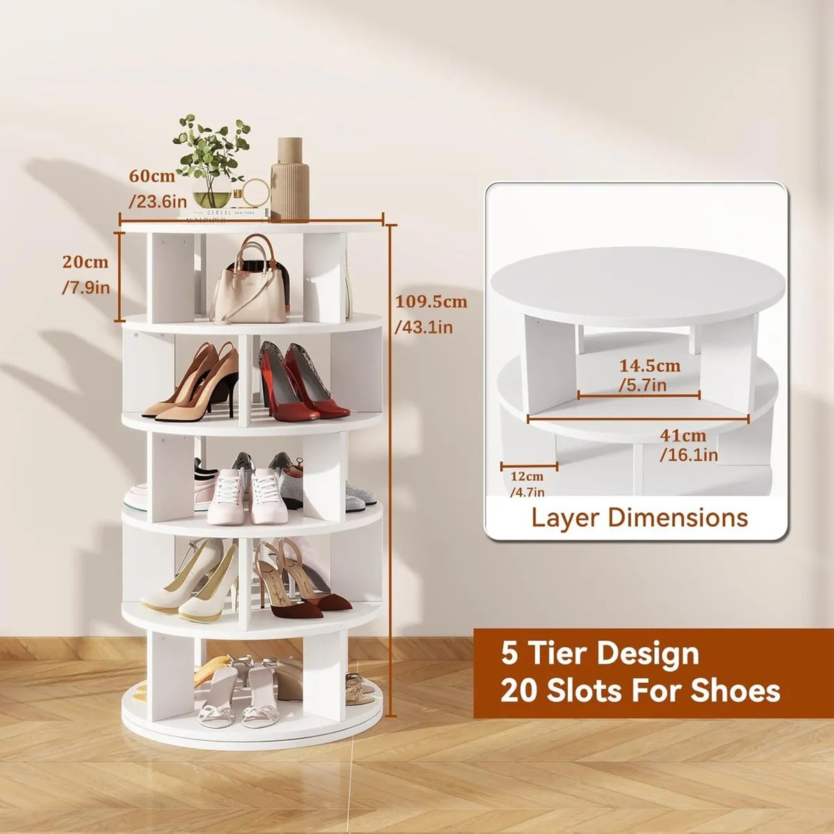5 Tier Rotating Shoe Rack Wood 360degreesSpinning - Image 3