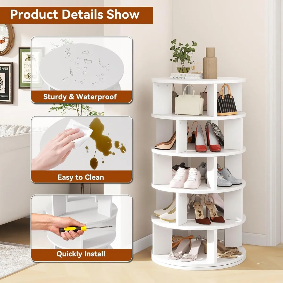 5 Tier Rotating Shoe Rack Wood 360degreesSpinning - Image 4