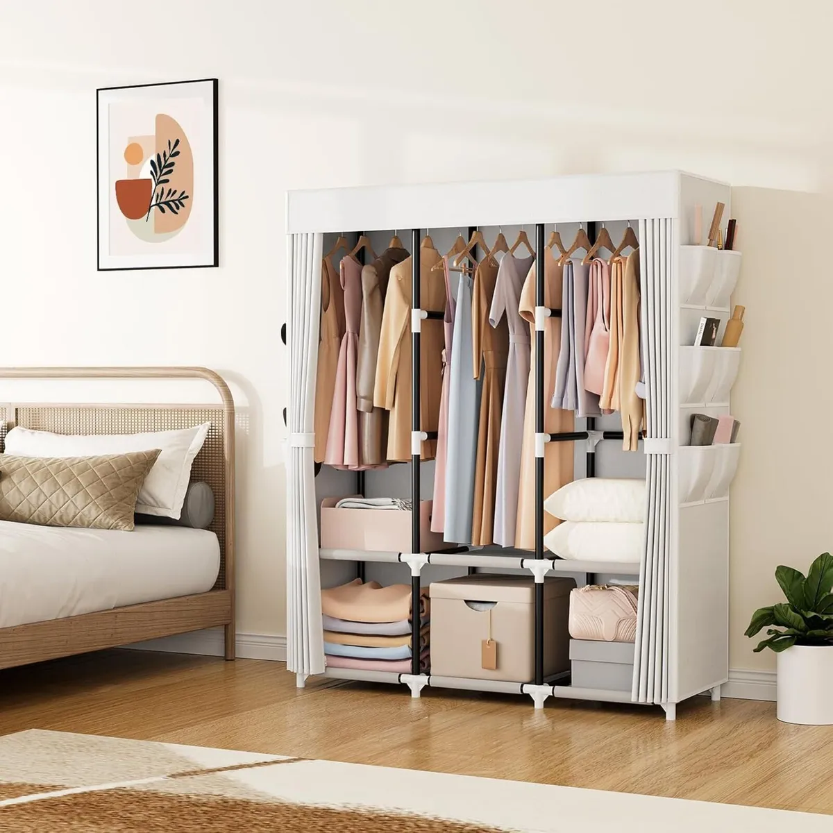 Wardrobe Fabric with Cover 3 Clothes Rails 6 - Image 2