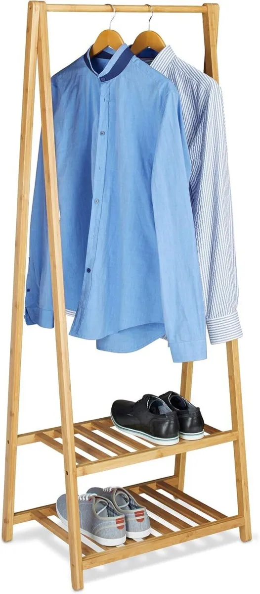 Bamboo Clothes Stand 2 Shelves Garment Rails - Image 1