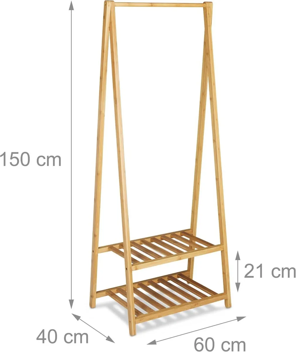 Bamboo Clothes Stand 2 Shelves Garment Rails - Image 2
