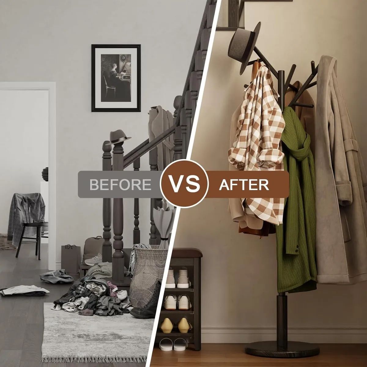 Coat Stand Wooden Rack Freestanding with 12 Hooks - Image 4