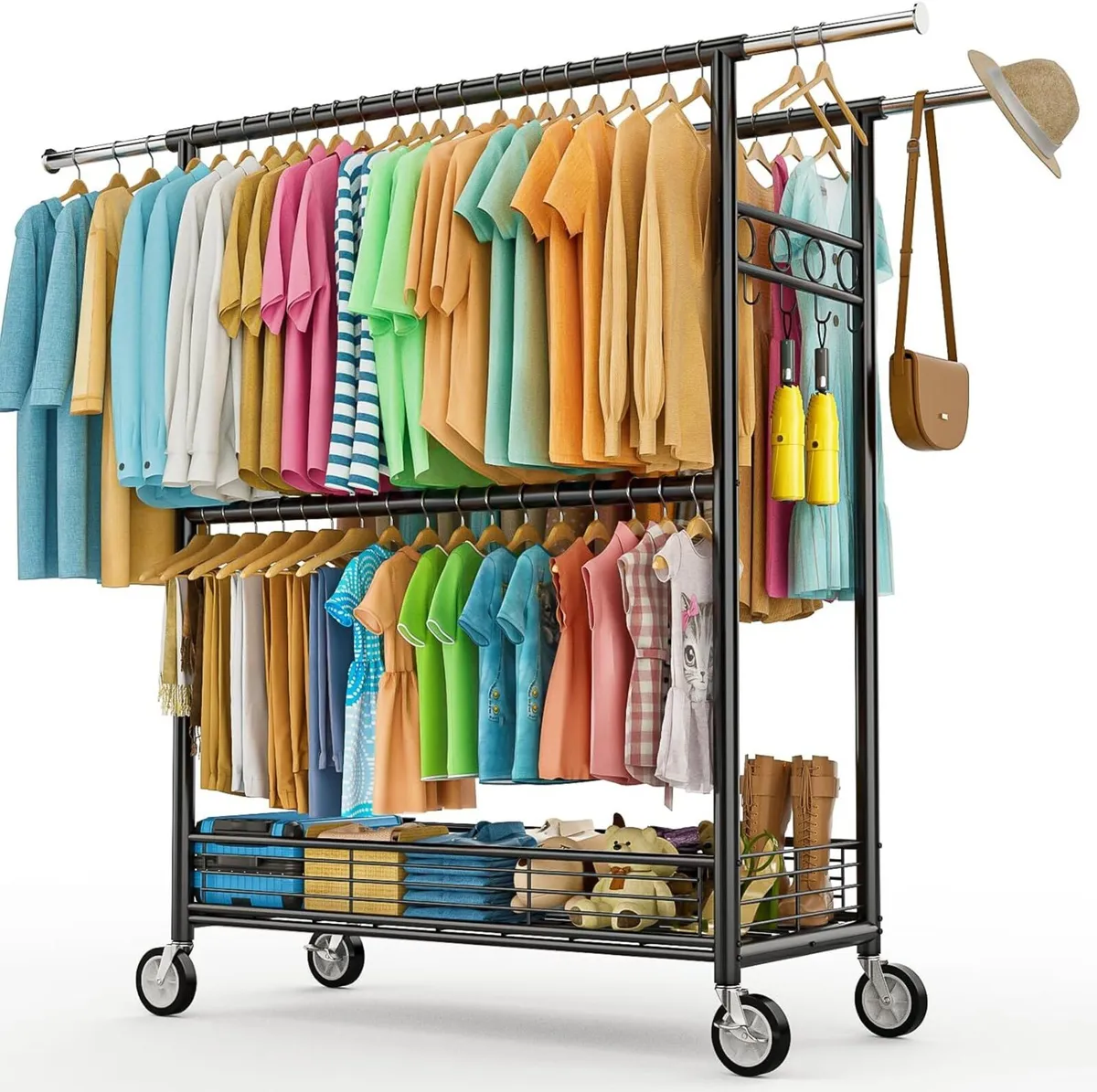 Heavy Duty Clothes Rack Rail with Wheels Extendabl - Image 1