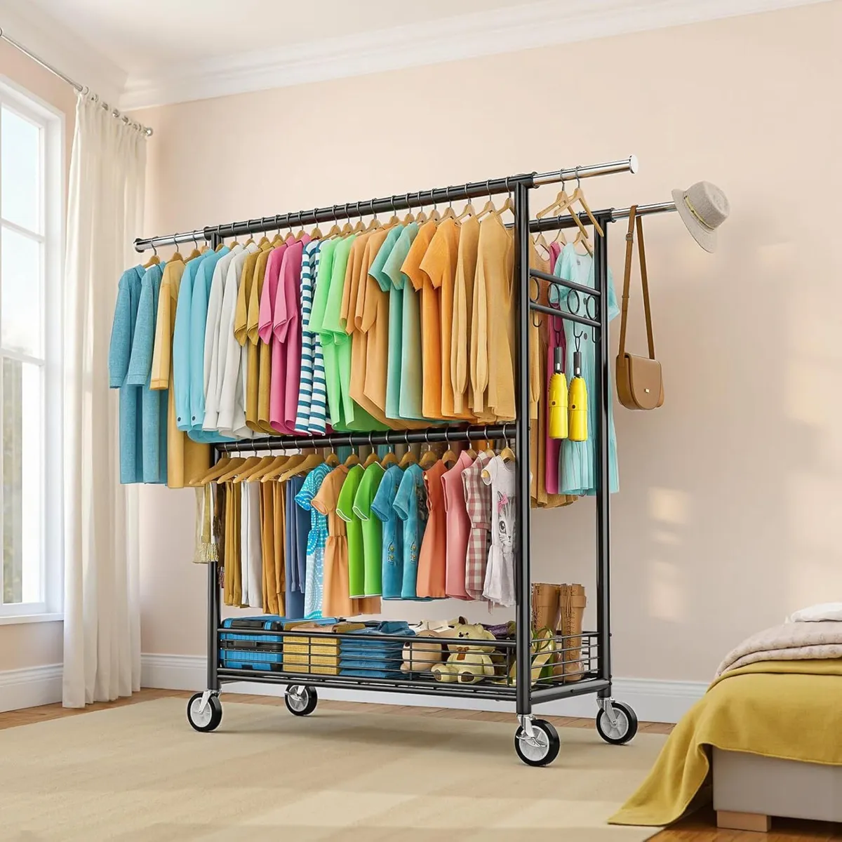 Heavy Duty Clothes Rack Rail with Wheels Extendabl - Image 2