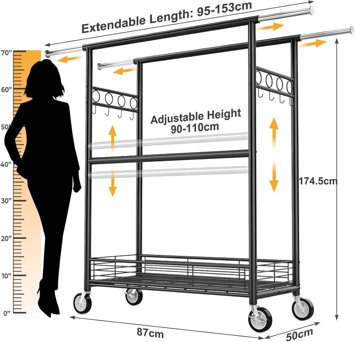 Heavy Duty Clothes Rack Rail with Wheels Extendabl - Image 3