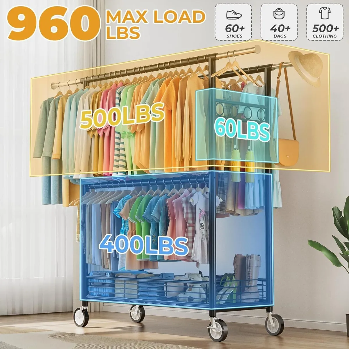 Heavy Duty Clothes Rack Rail with Wheels Extendabl - Image 4