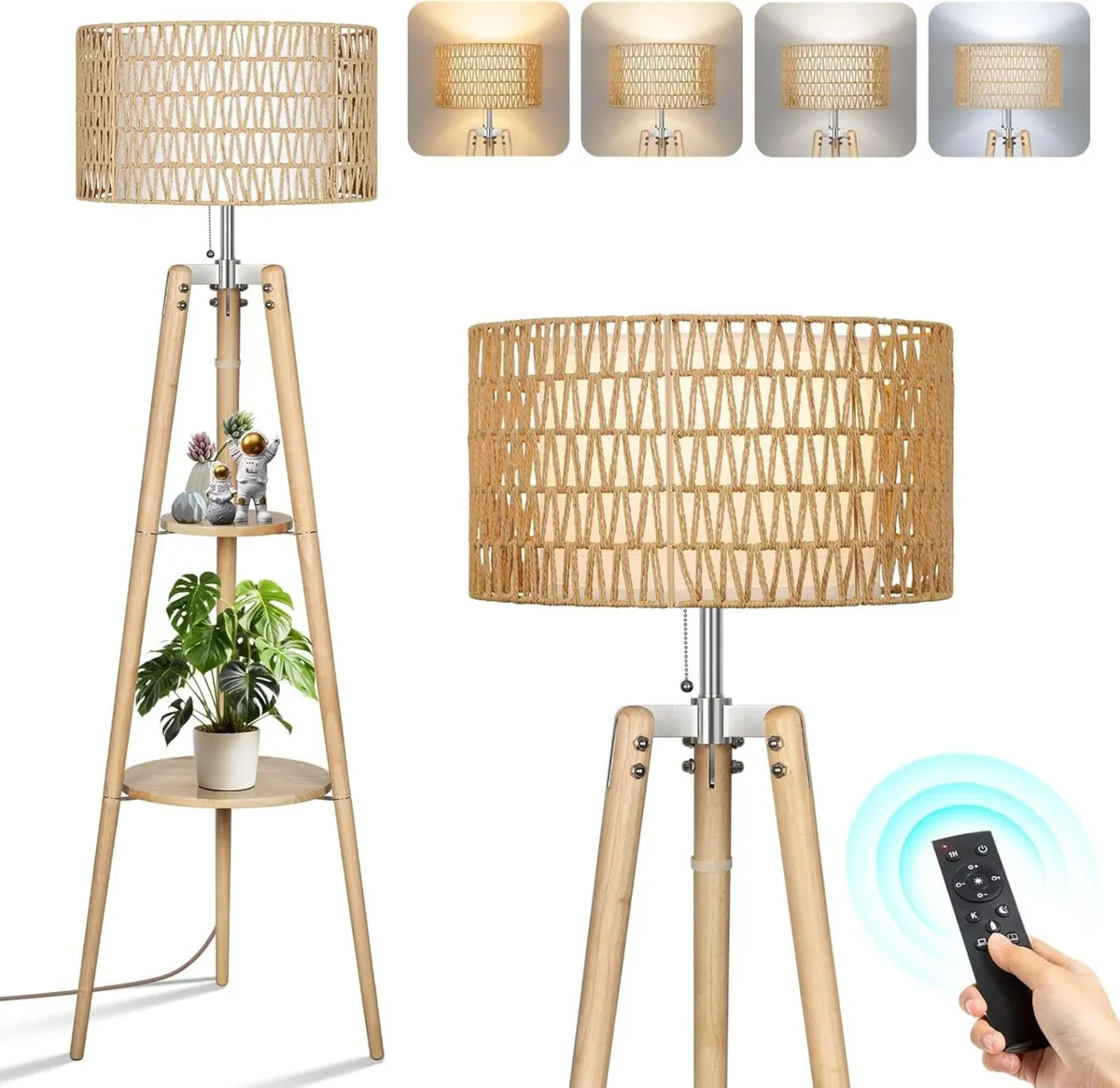 Wood Tripod Floor Lamp with Rattan Linen Double - Image 1