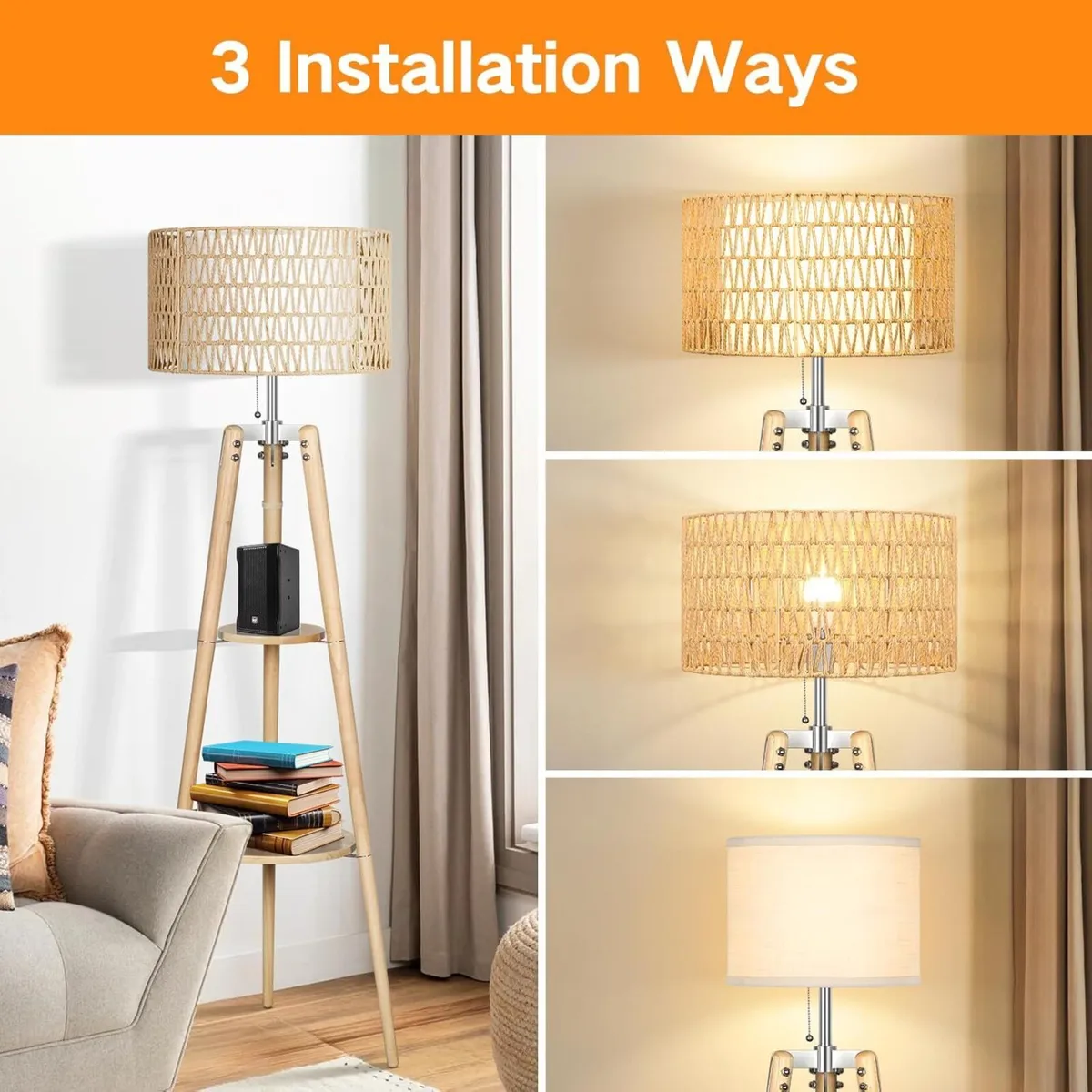 Wood Tripod Floor Lamp with Rattan Linen Double - Image 2