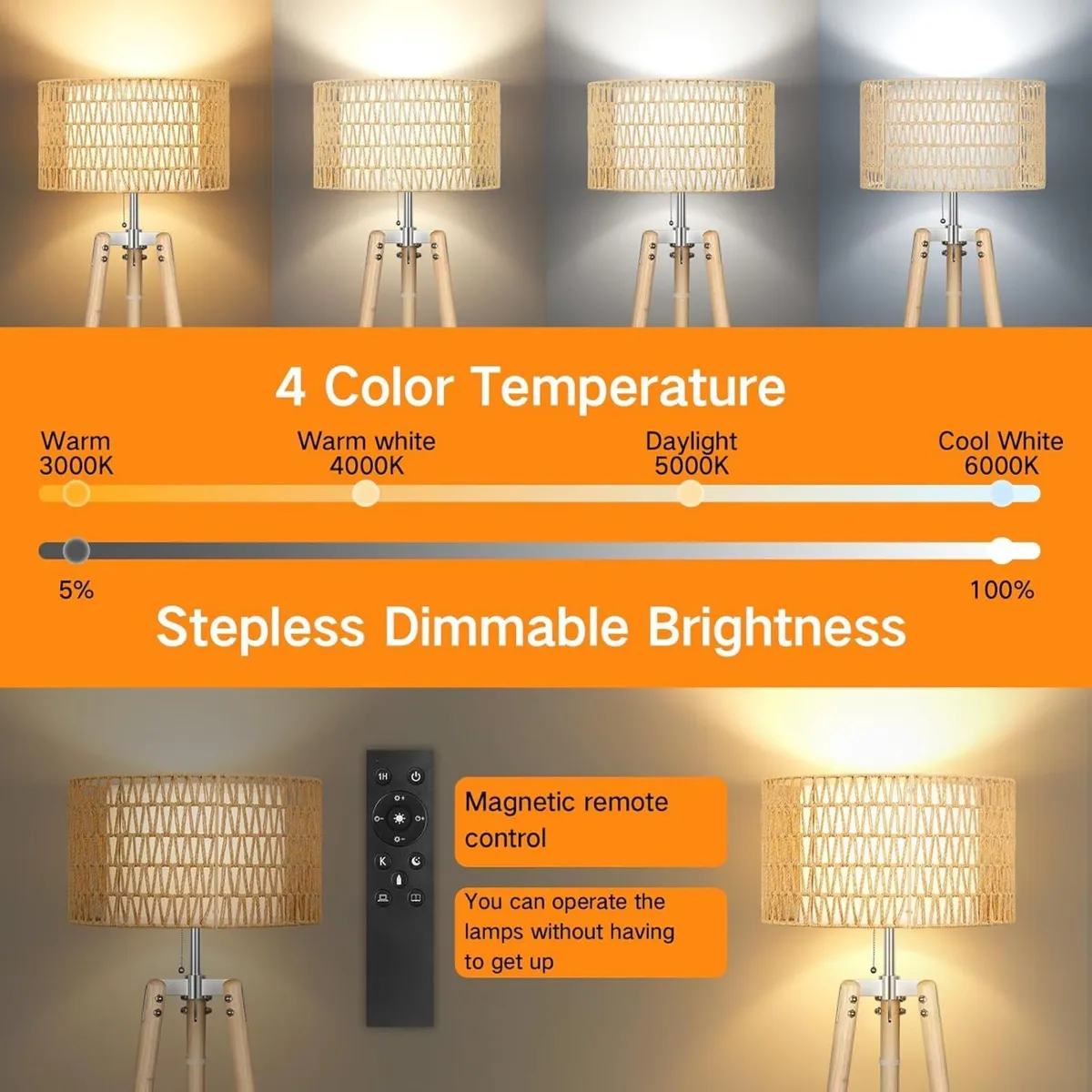 Wood Tripod Floor Lamp with Rattan Linen Double - Image 3