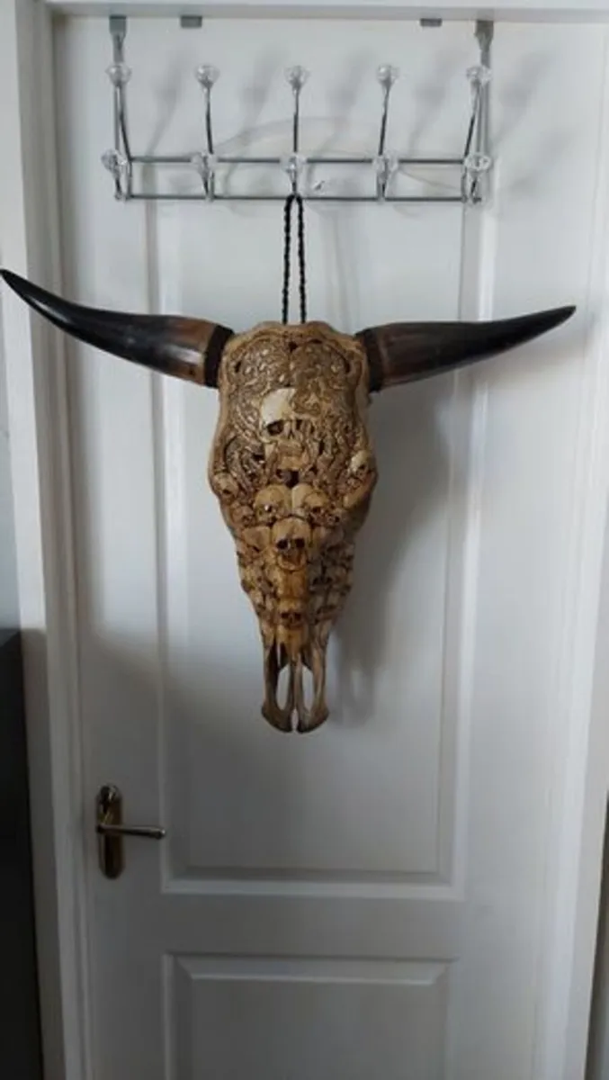 Carved Brown Bull Skull - Image 1