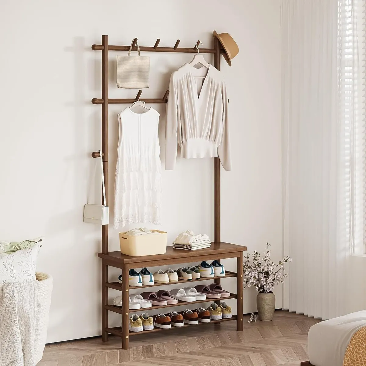 Bamboo Coat Stand with Shoe Bench and 13 Hooks - Image 1