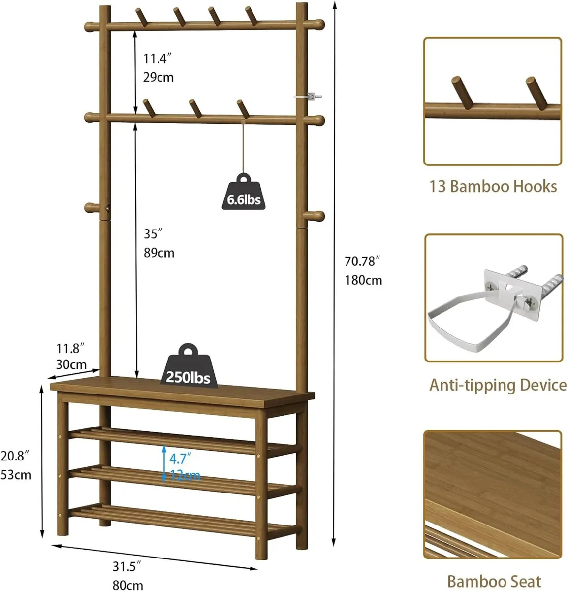 Bamboo Coat Stand with Shoe Bench and 13 Hooks - Image 2