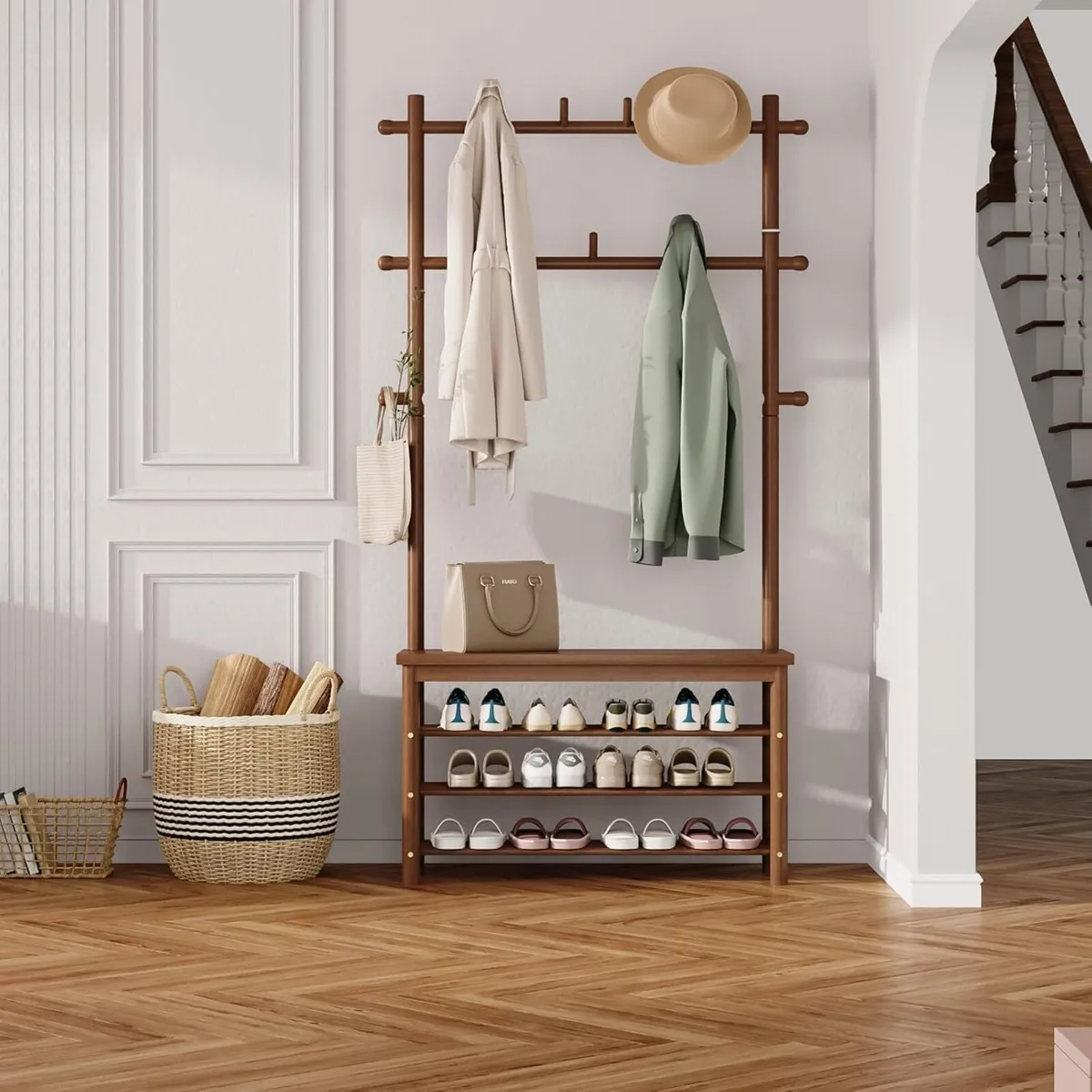 Bamboo Coat Stand with Shoe Bench and 13 Hooks - Image 3