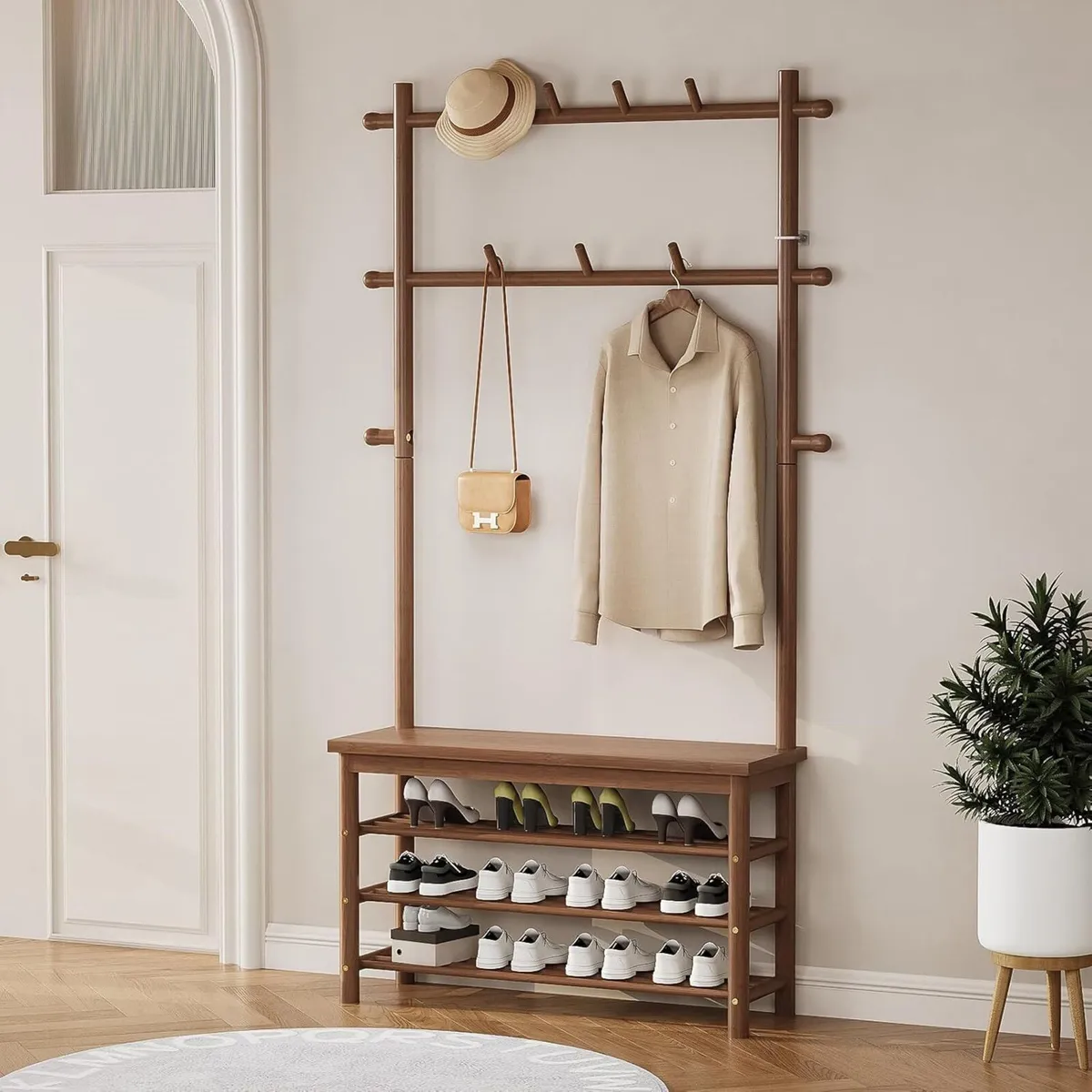 Bamboo Coat Stand with Shoe Bench and 13 Hooks - Image 4