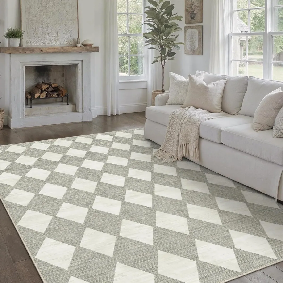 Grey Rugs Living Room 200x300 cm Large Checkered - Image 1