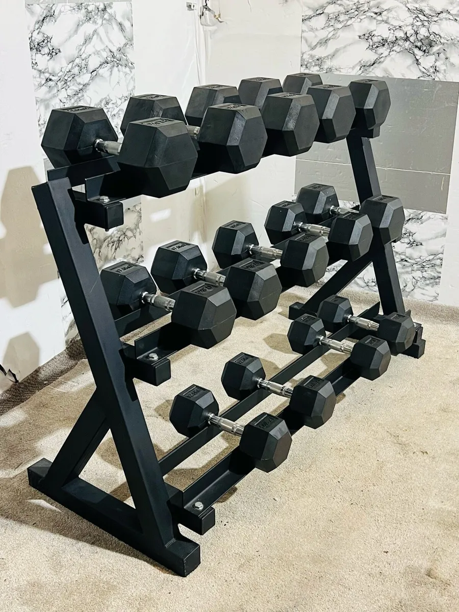 LARGE 3  TIER DUMBBELL RACK WITH HEX DUMBBELLS - Image 3