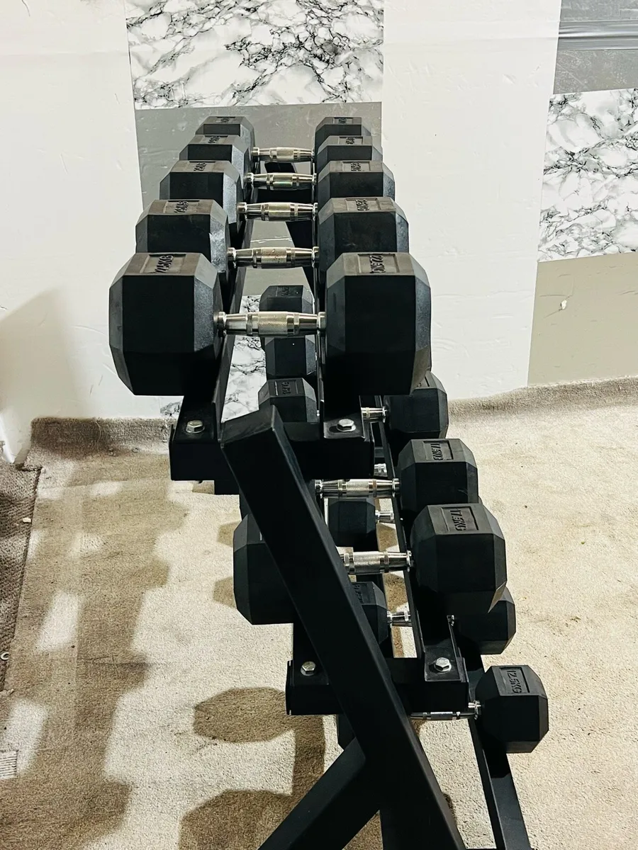 LARGE 3  TIER DUMBBELL RACK WITH HEX DUMBBELLS - Image 1