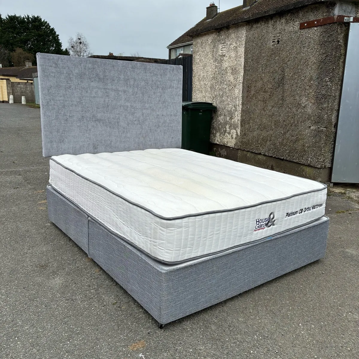 5ft Grey King Bed with Newly Recovered headboard - Image 1