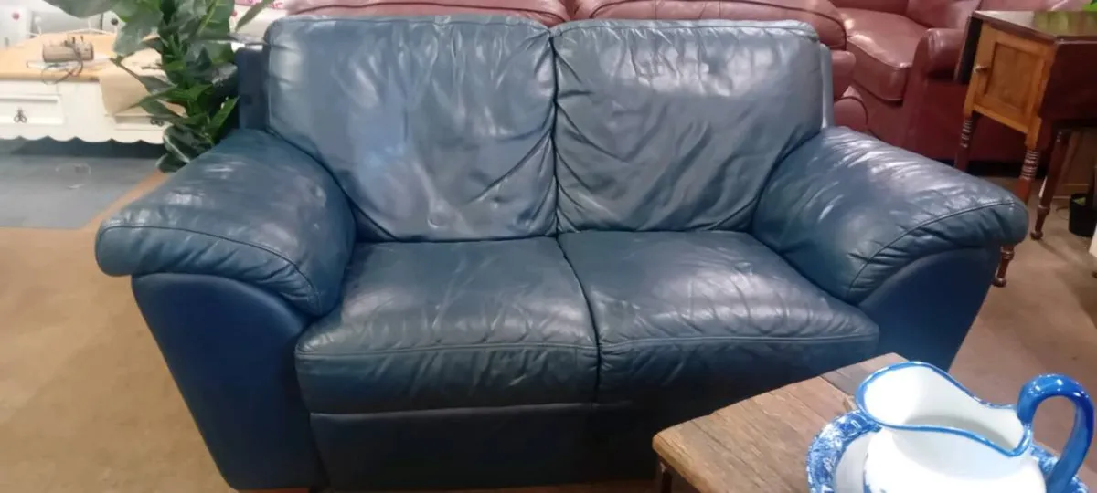 Navy Real Leather Two Seat Sofa