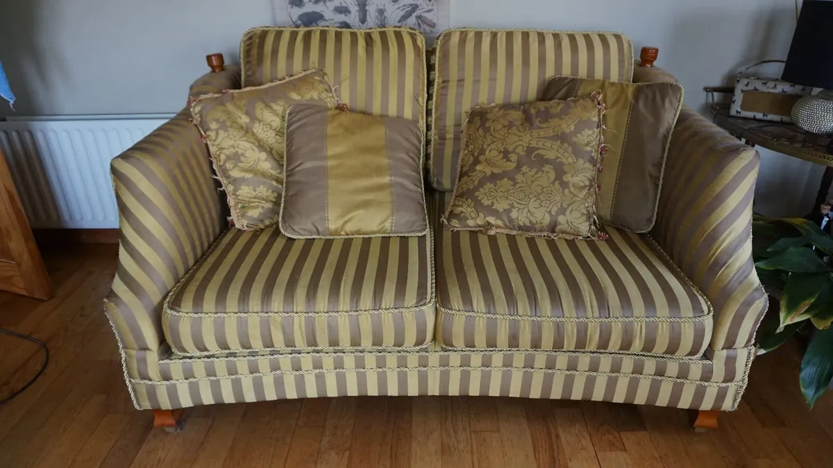 LUXURY Gold & Taupe Striped 3 Piece Suite Sofa - Image 1