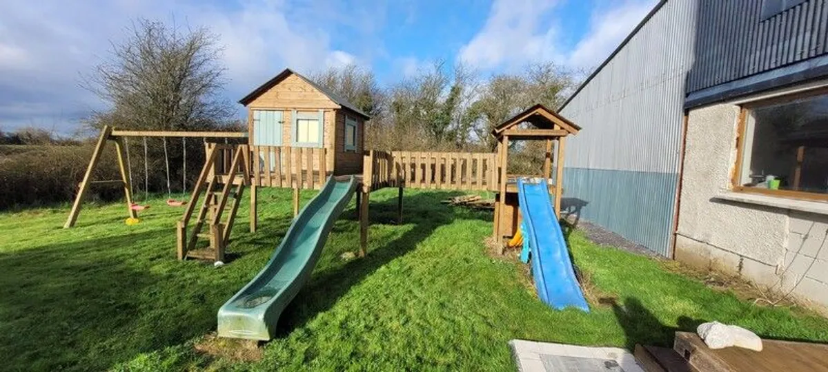 Large Wooden Jungle Gym / Playset with Swings, Slides & Waterproof Playhouse - Image 2