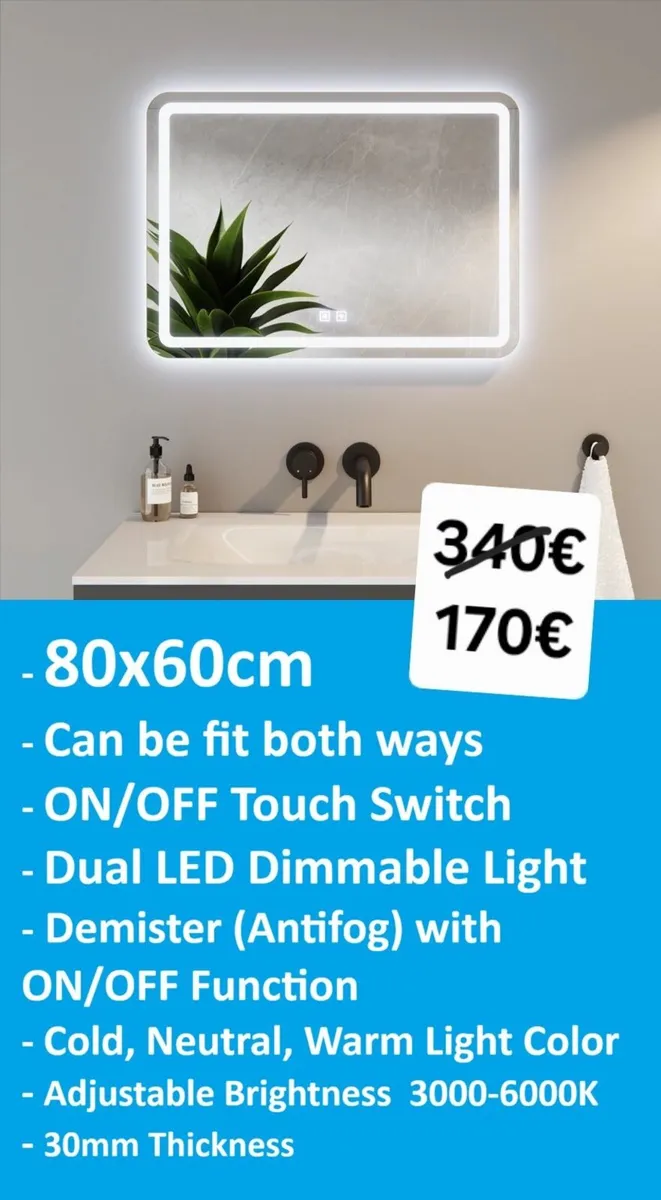 LED Bathroom Mirror 80x60cm or 60x80cm Antifog - Image 1