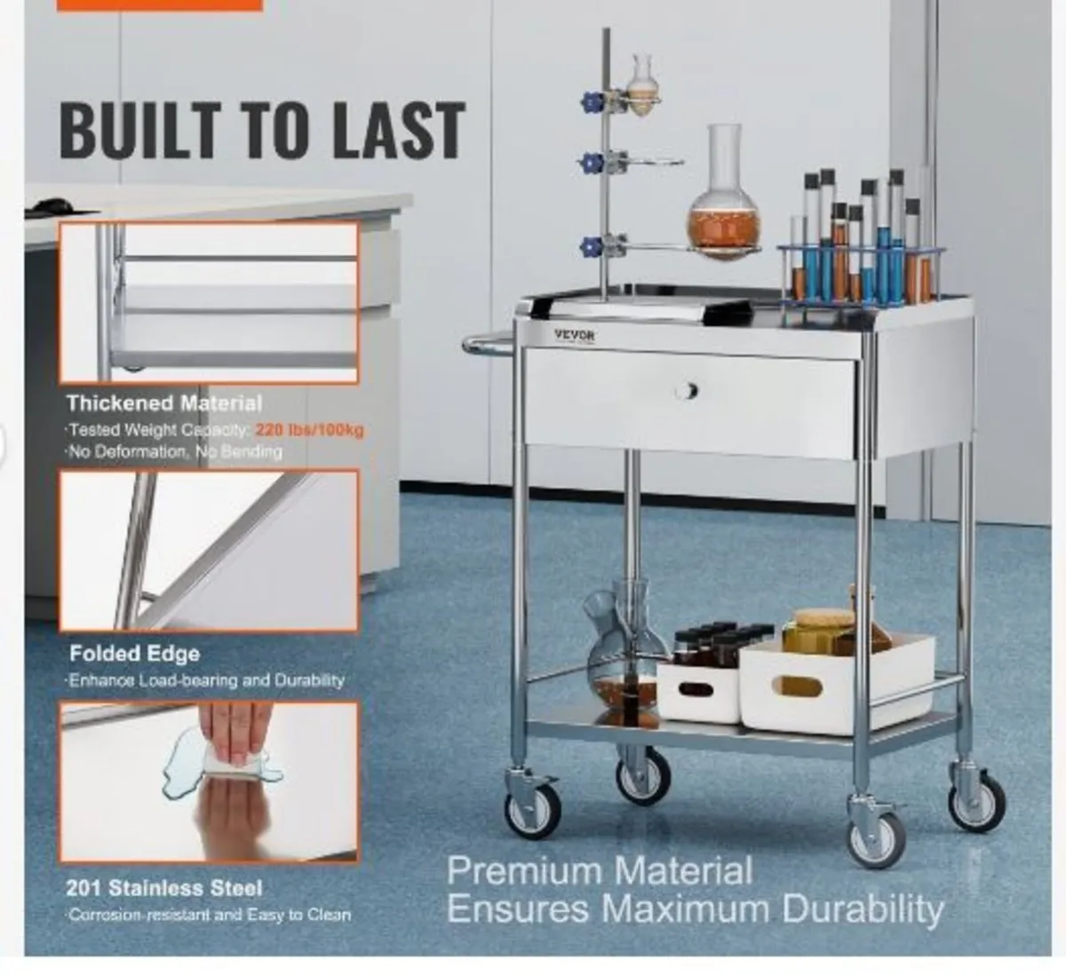 Medical Cart, 2 Layers Stainless Steel - Image 3