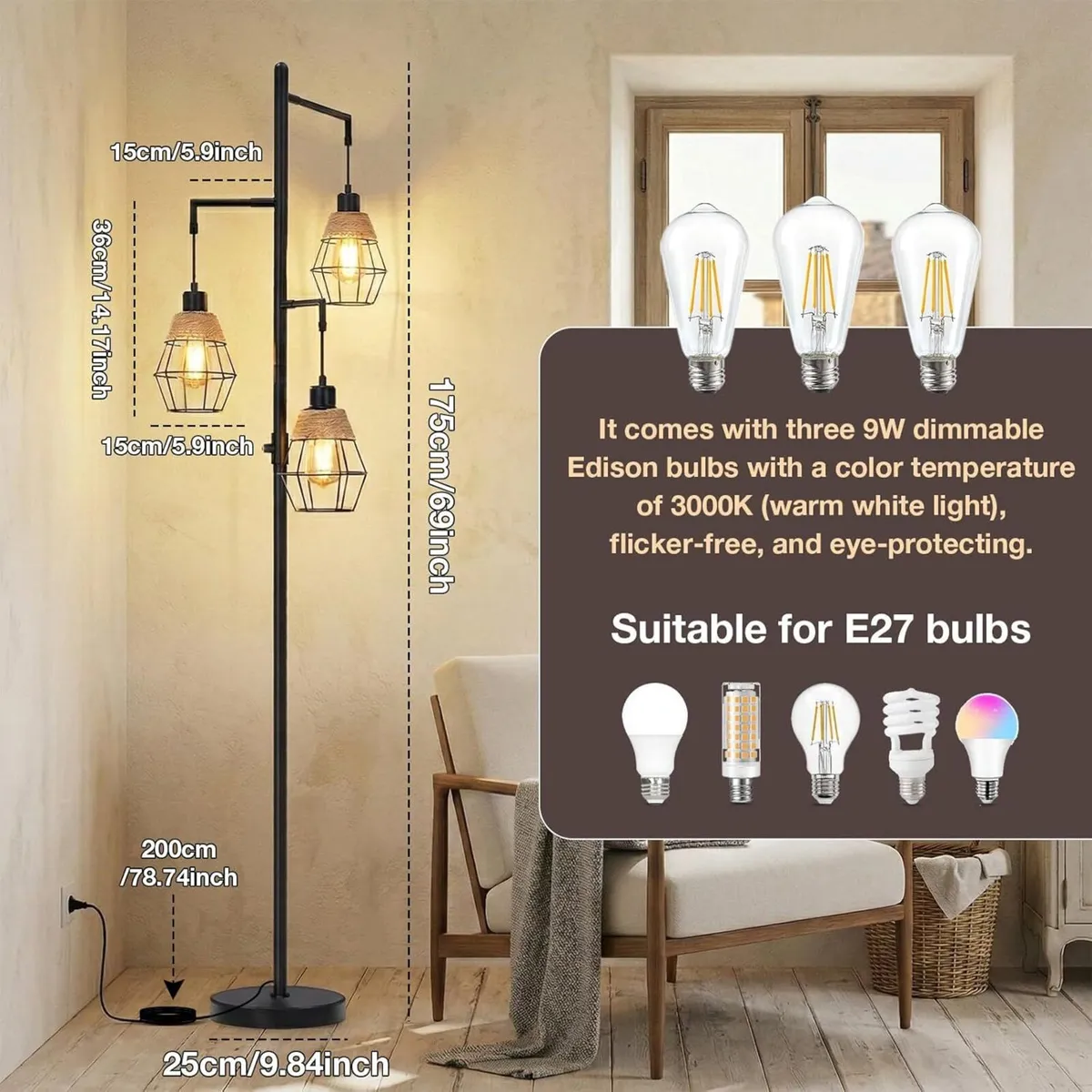 Industrial Floor Lamp Stepless Dimmable Standing - Image 3
