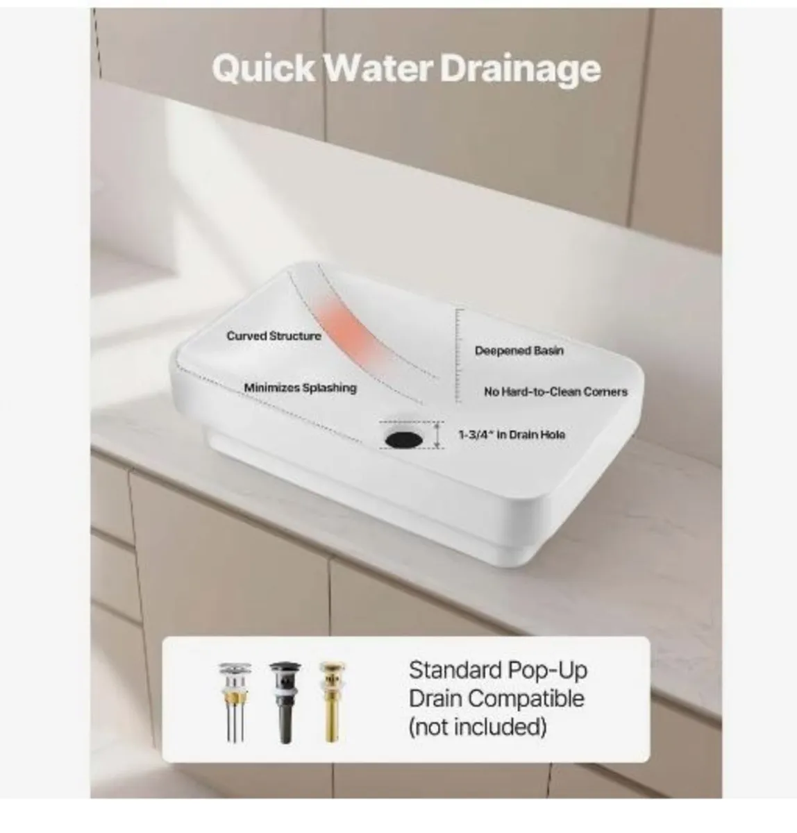 Semi Recessed Bathroom Sink, 490 x 305 mm - Image 2