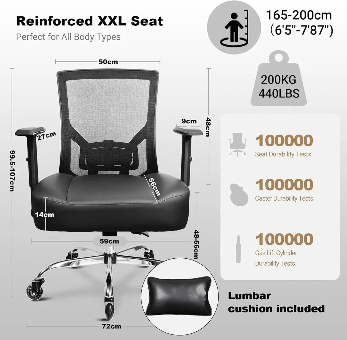 440LBS/200KG Heavy Duty Office Chair Extra Wide - Image 3
