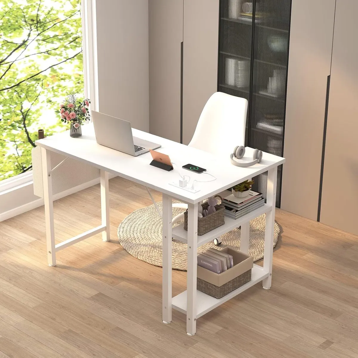 White L Shaped Computer Desk with Power Outlet - Image 4