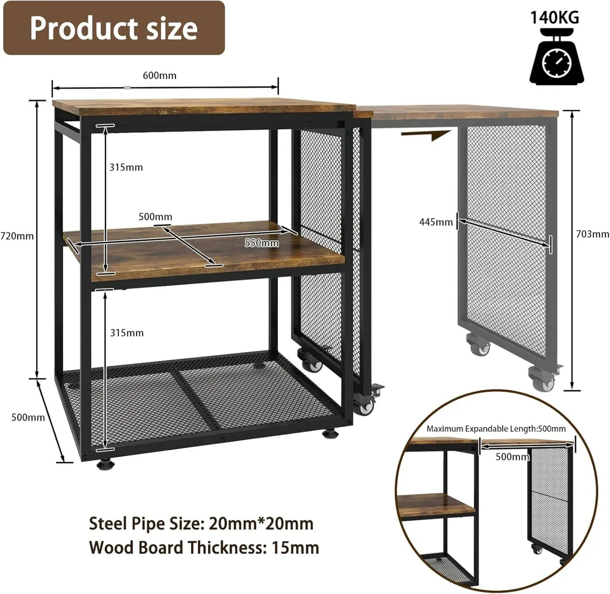 Large Printer Stand with Storage Shelves Extendabl - Image 3