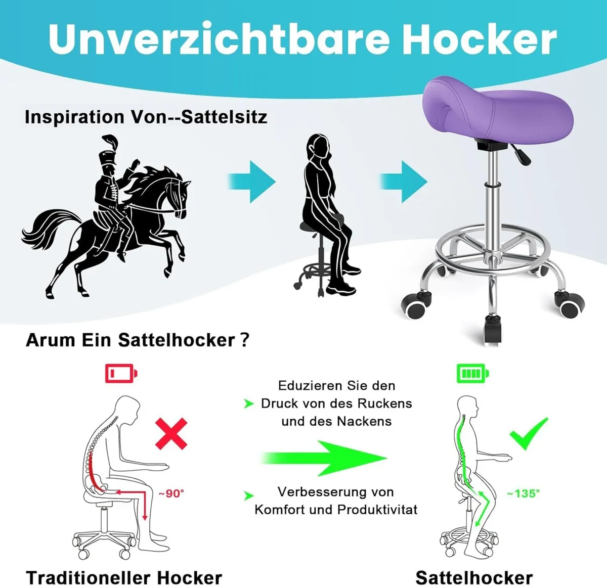 Saddle Stool Ergonomic - Comfortable Rolling - Image 3
