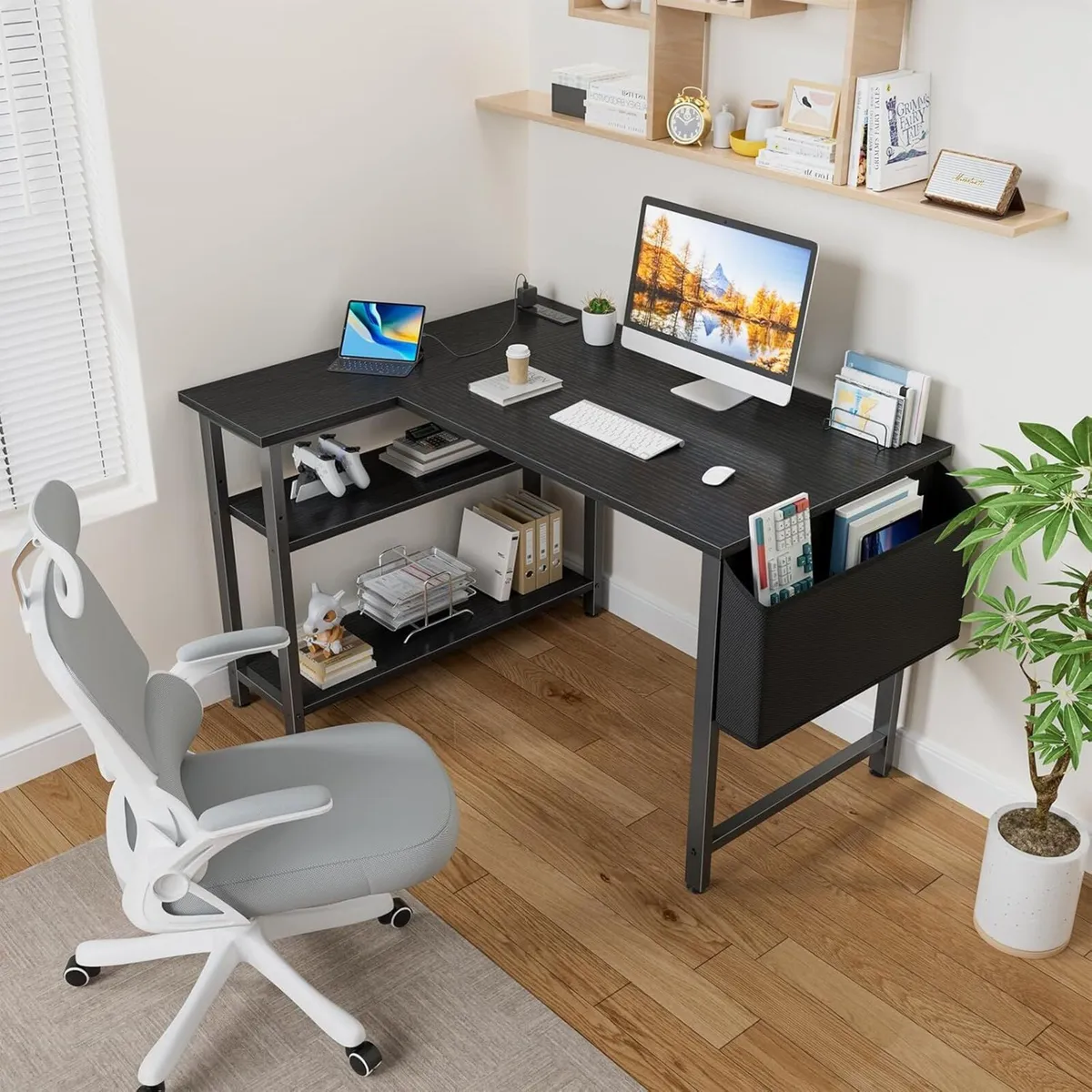 Small L Shaped Desk with Power Outlet Shelves 40 - Image 2