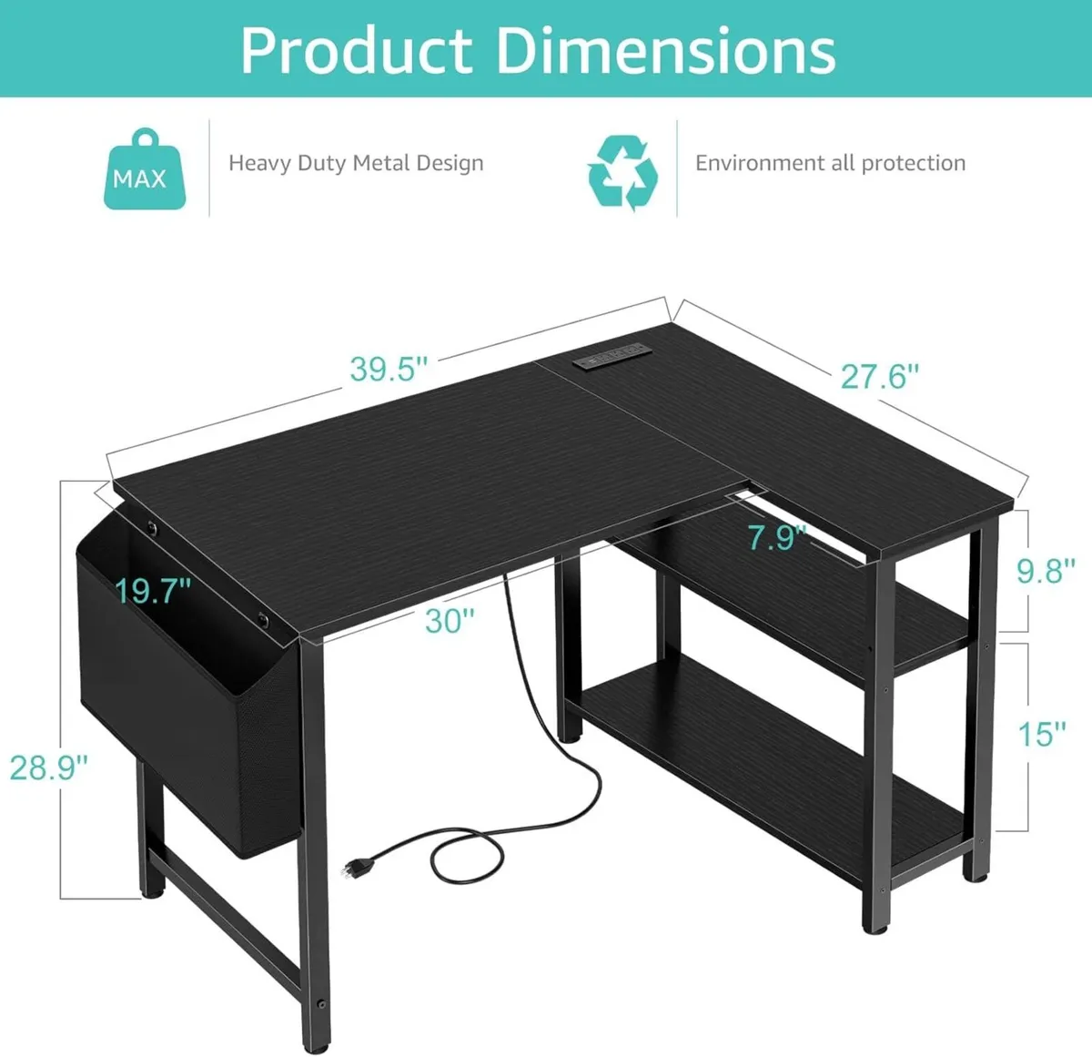 Small L Shaped Desk with Power Outlet Shelves 40 - Image 3