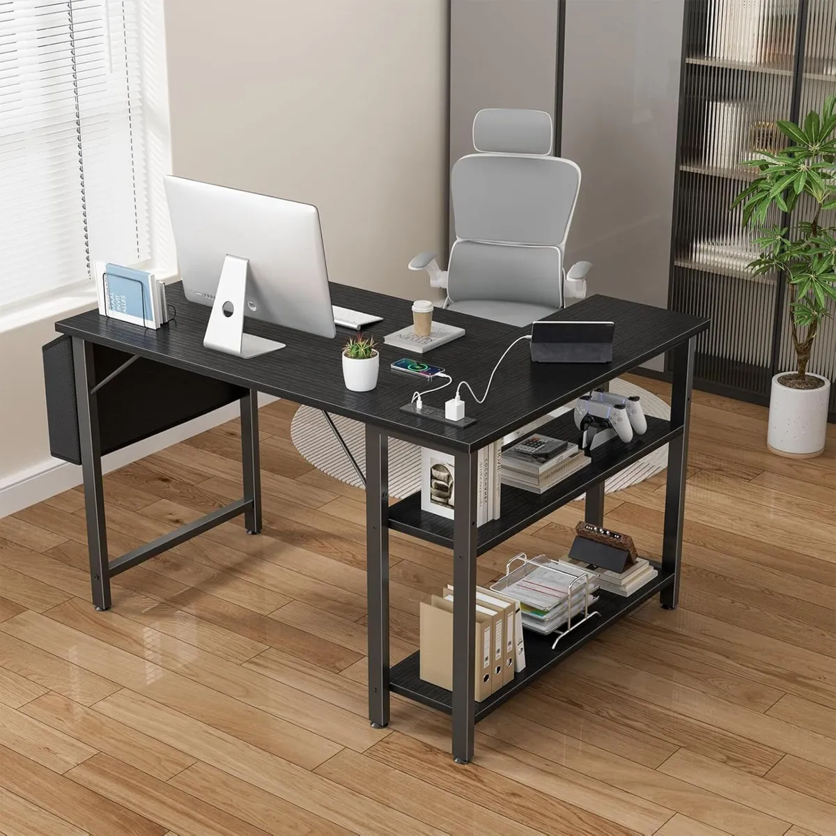Small L Shaped Desk with Power Outlet Shelves 40 - Image 4