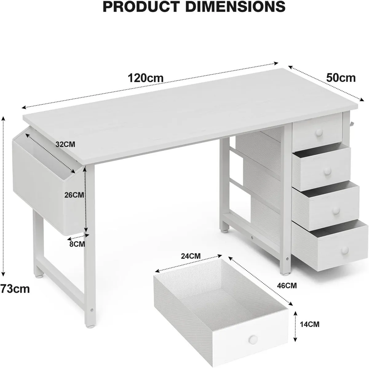120 cm Small Computer Desk with 4 Fabric Drawers - Image 3
