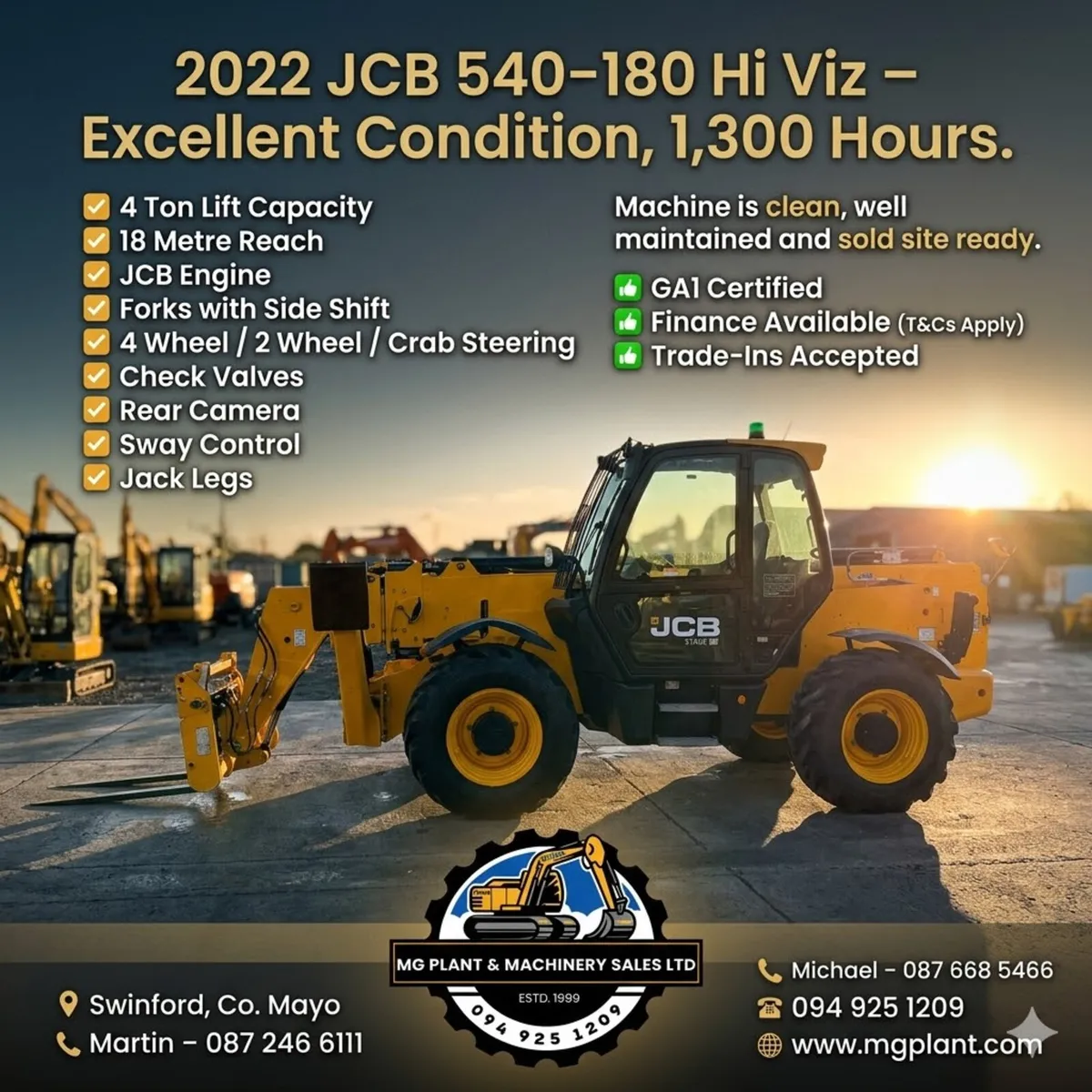 2022 JCB 540-180 Hi Viz | 1,300 Hours | 4T Lift | - Image 1