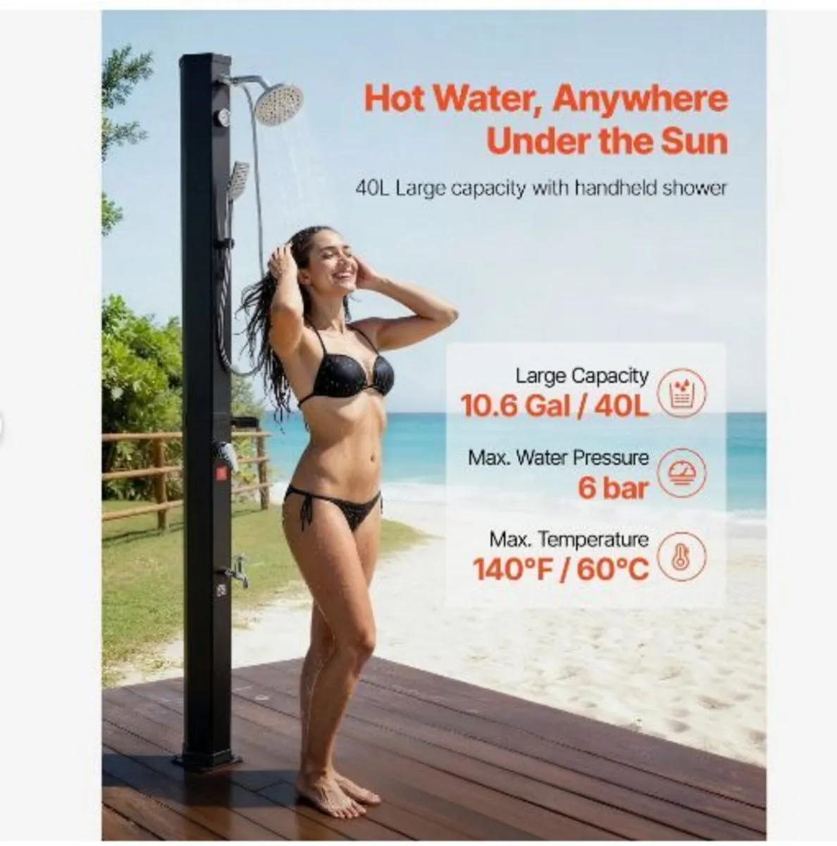 40L Solar Heated Shower, 205cm - Image 4