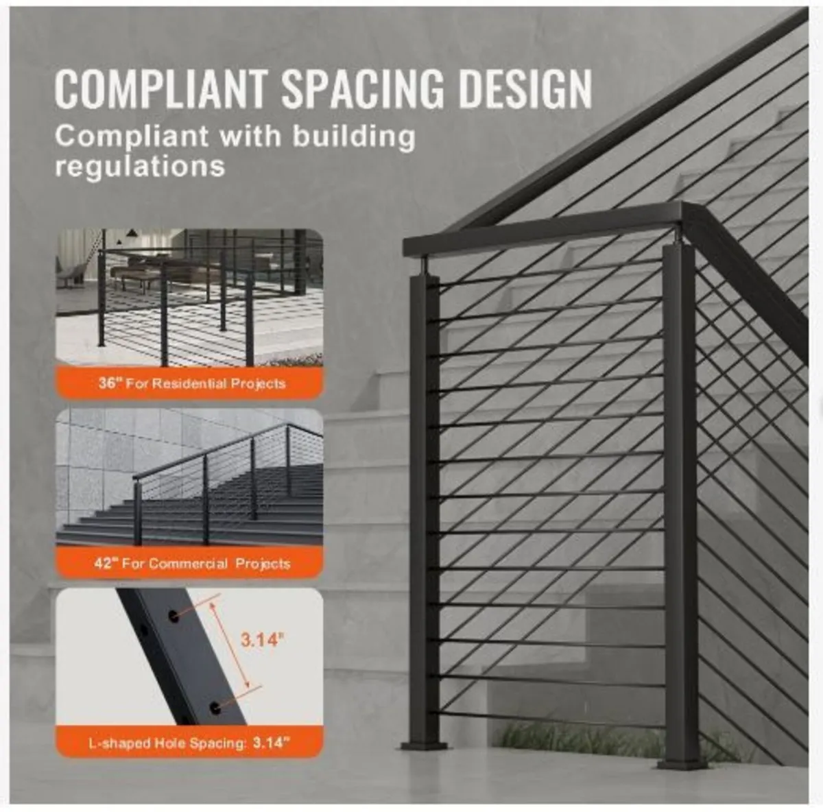 Cable Railing Post, 42" x 1" x 2" Steel L-Shaped - Image 2