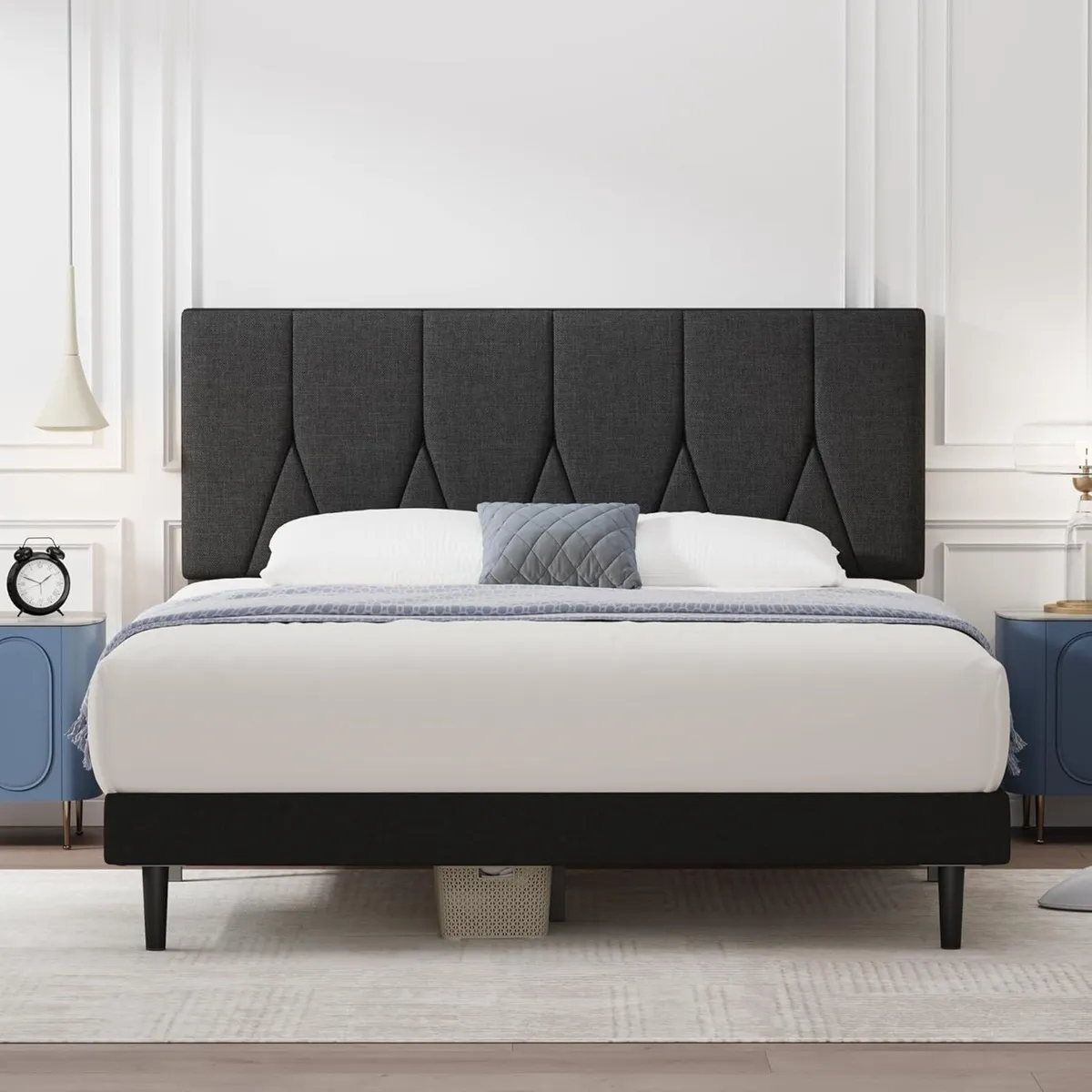 Double Bed Frame Black Upholstered Wooden Slat - Image 1