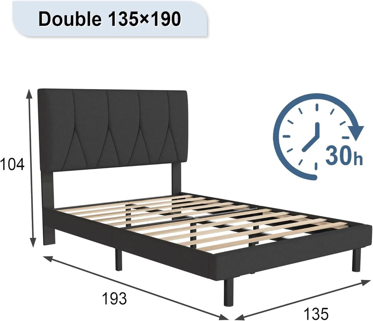 Double Bed Frame Black Upholstered Wooden Slat - Image 2