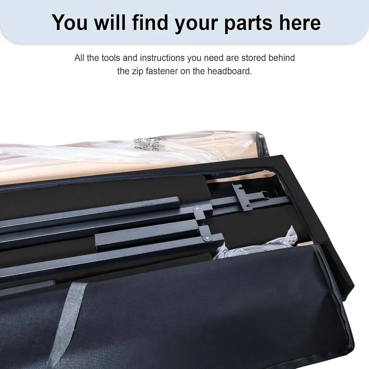 Double Bed Frame Black Upholstered Wooden Slat - Image 3