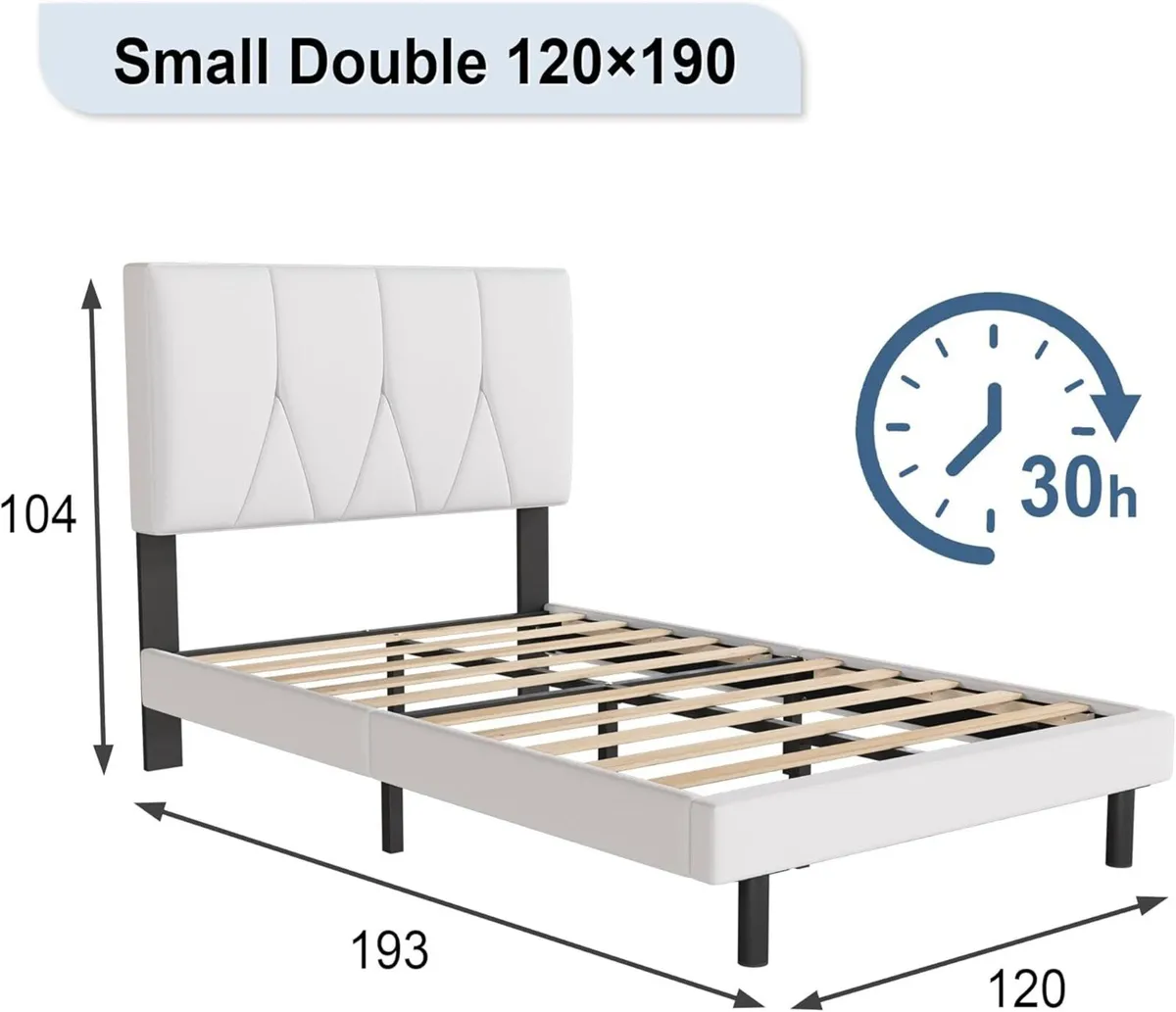 Small Double Bed Frame White Upholstered Wooden - Image 2