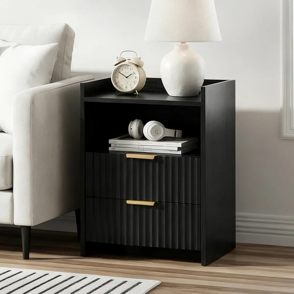 Fluted Bedside Table with 2 Drawers Nightstand - Image 1