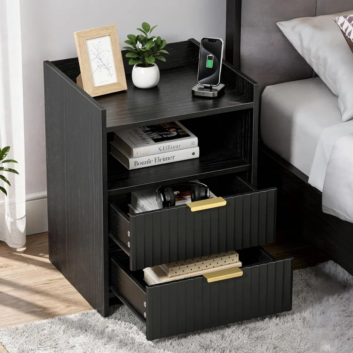 Fluted Bedside Table with 2 Drawers Nightstand - Image 3