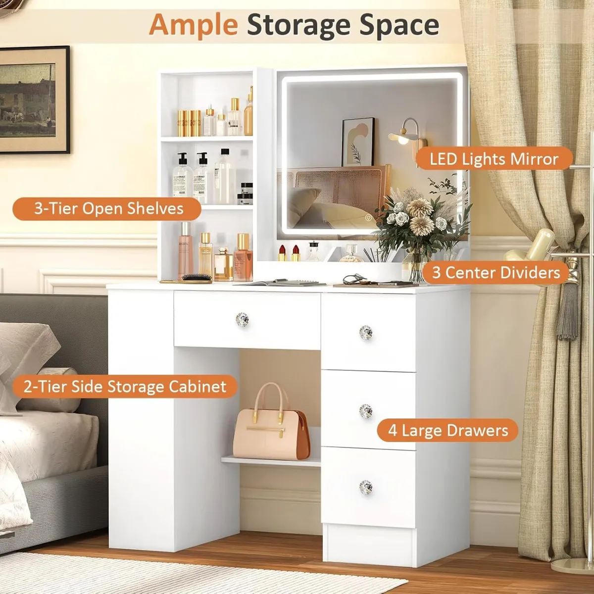 Large Dressing Table with LED Mirror and Side - Image 3