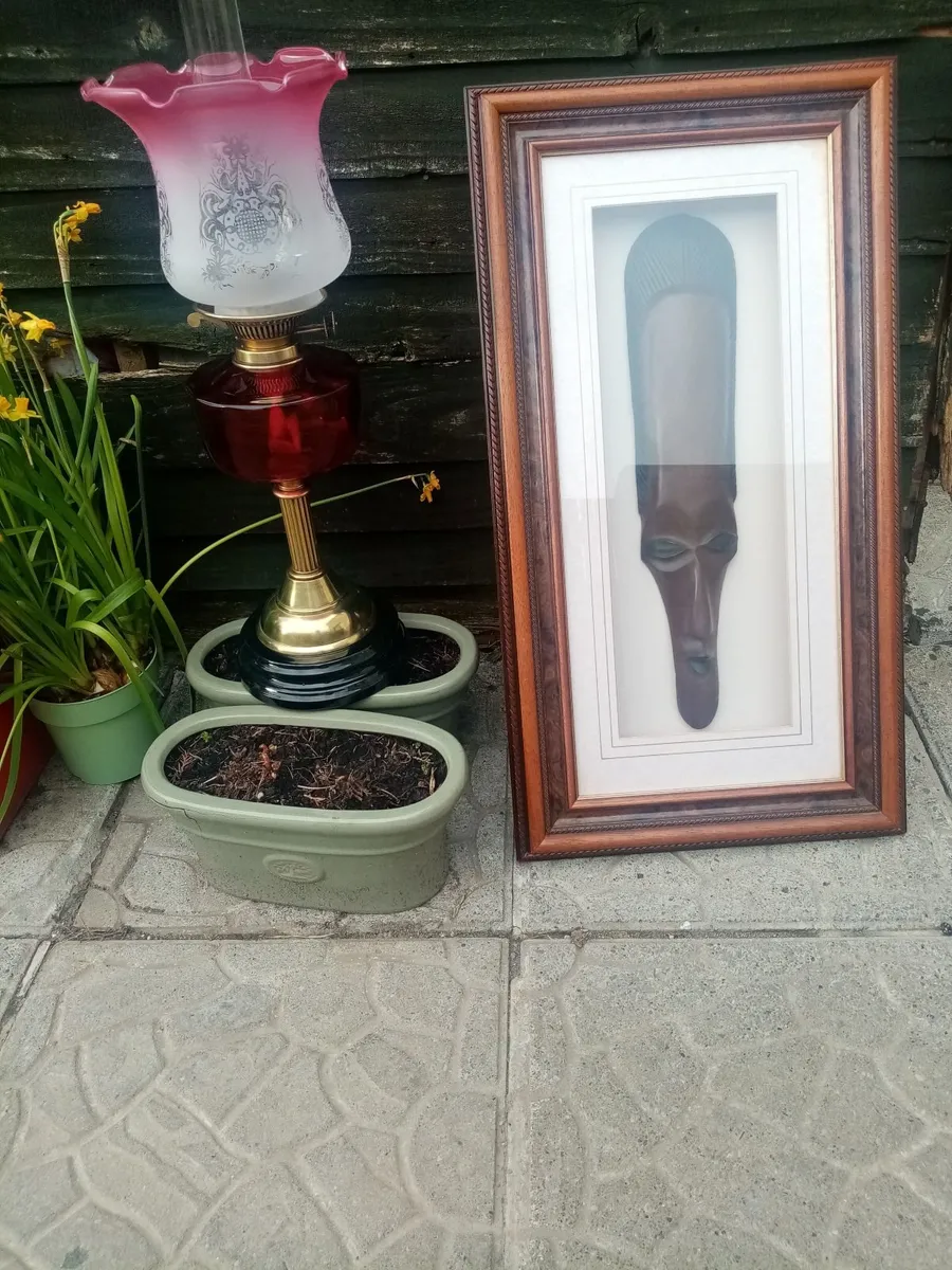 Victorian Oil Lamp, Tribal Mask - Image 1